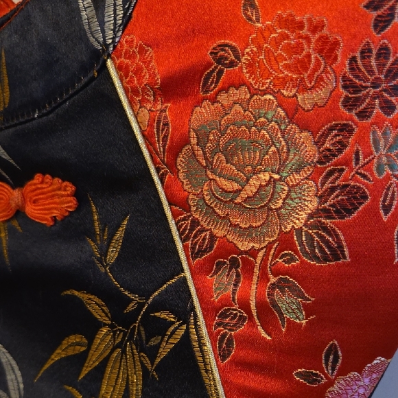 Embroidered Silk Red and Black Floral Tote Bag - Picture 3 of 5